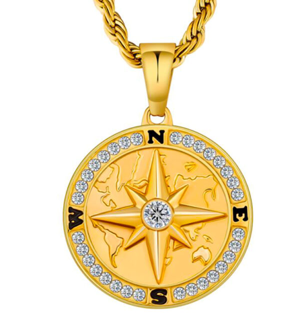Colgante de brújula zirconia dorado + 2.5 cadena trenzada